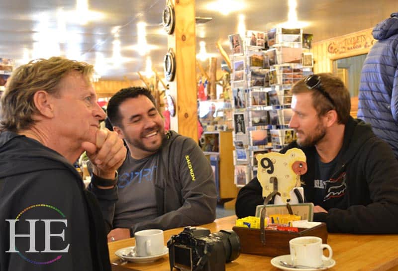 jim, fabian, and zach at a coffee shop in Chile with HE Travel