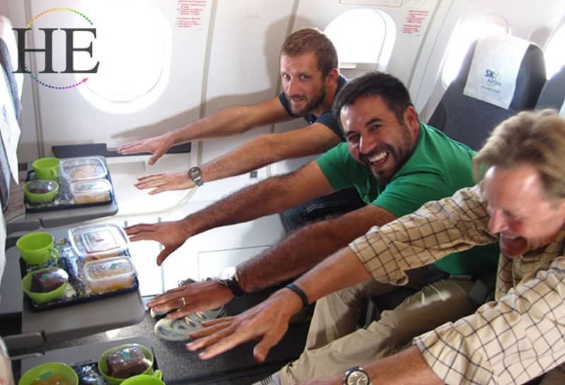 zach, fabian, and jim can't reach their food on the plane!