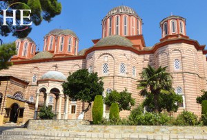 pink and red monastery on the HE Travel gay Greece pilgrimage to Mount Athos