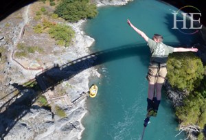 Bungy jumper mid-flight on the HE Travel gay New Zealand adventure tour