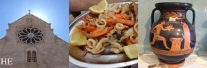 church in ruvo, seafood platter, and an urn in puglia italy on the HE Travel gay culinary tour