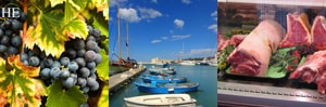 dark grapes, a marina, and a butchers case in puglia italy on the HE Travel gay culinary tour