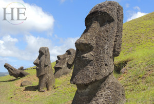 A picture showing a group of moai in a field on HE Travel's gay Easter Island adventure