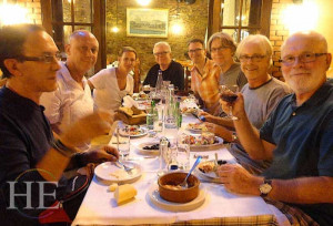 group of men at dinner in thessaloniki on the HE Travel gay Greece pilgrimage to Mount Athos