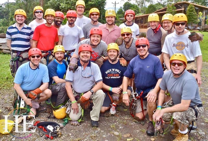 group of guys ready to zipline on the HE Travel gay costa rica tortuguero adventure
