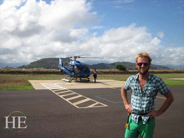 Zachary Moses about to board helicopter kauai hawaii with HE Travel