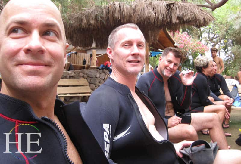 good looking guys ready to scuba on the HE Travel gay adventure in Israel