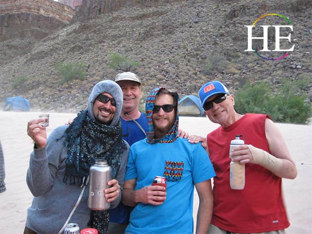 HE Travel gay grand canyon tequila shot night group shot during a brief wind storm