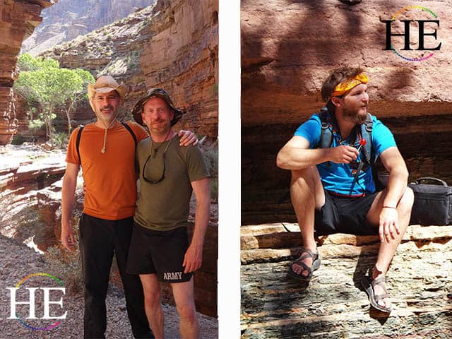 HE Travel gay grand canyon two friends  near anasazi sacred ground & swamper eating a tootsie pop
