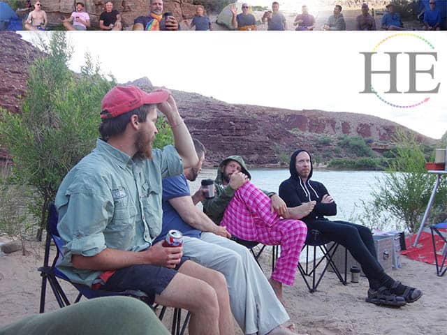 HE travel gay grand canyon dinner shot with panoramic view of group 