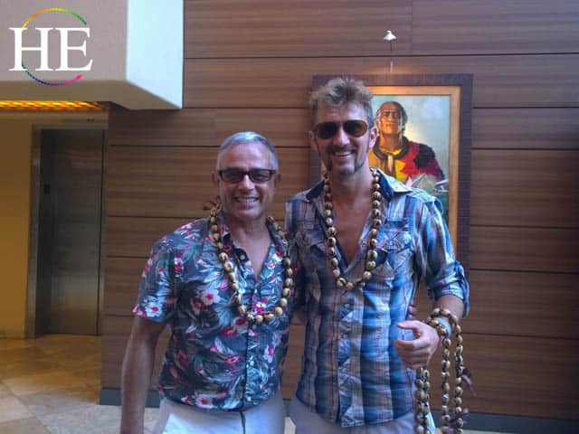 zachary moses stands with david lotufo on kauai hawaii gay tour