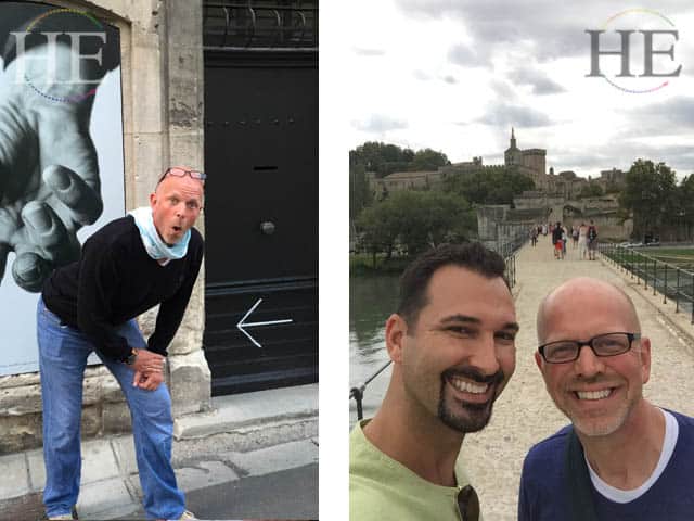 dan and kaleb in avignon on the famous bridge and dan in an alley making a silly face