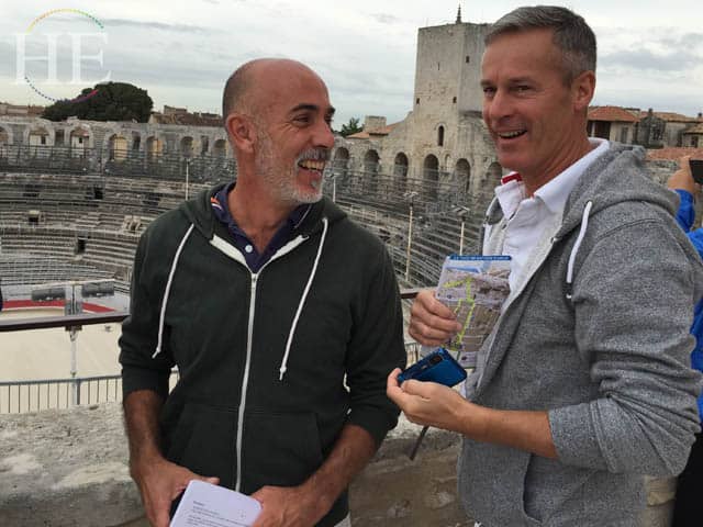 pierre and charley smiling in arles at the arena
