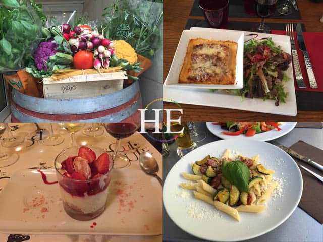 four pictures in one of different foods in france. vegetables, lasagna, strawberry torte and pasta with basil