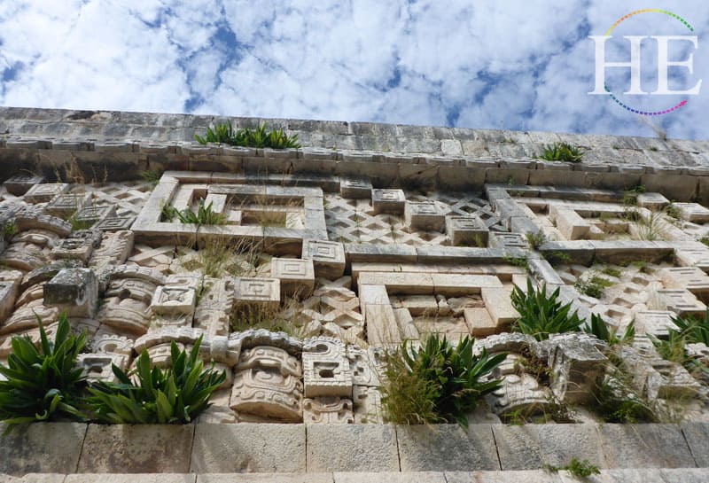 looking way up at uxmal carvings on the Gay Mexico trip with HE Travel