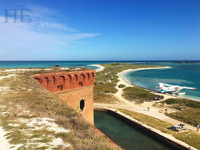 View of the ocean and sea plane from fort jefferson at dry tortugas national park.