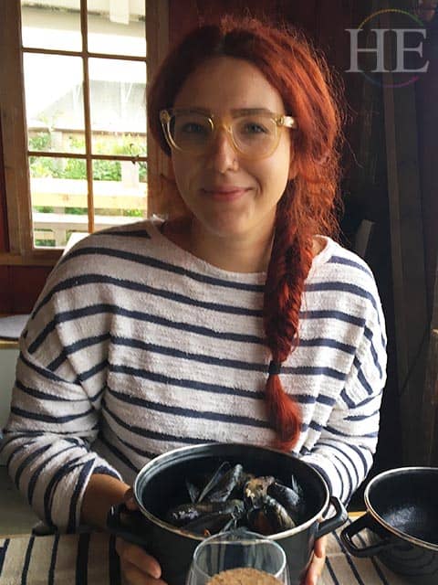 julianne keskey proudly flaunts her pot of freshly steamed swedish mussels