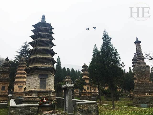 towering pagodas on a rainy day at the shaolin temple in china