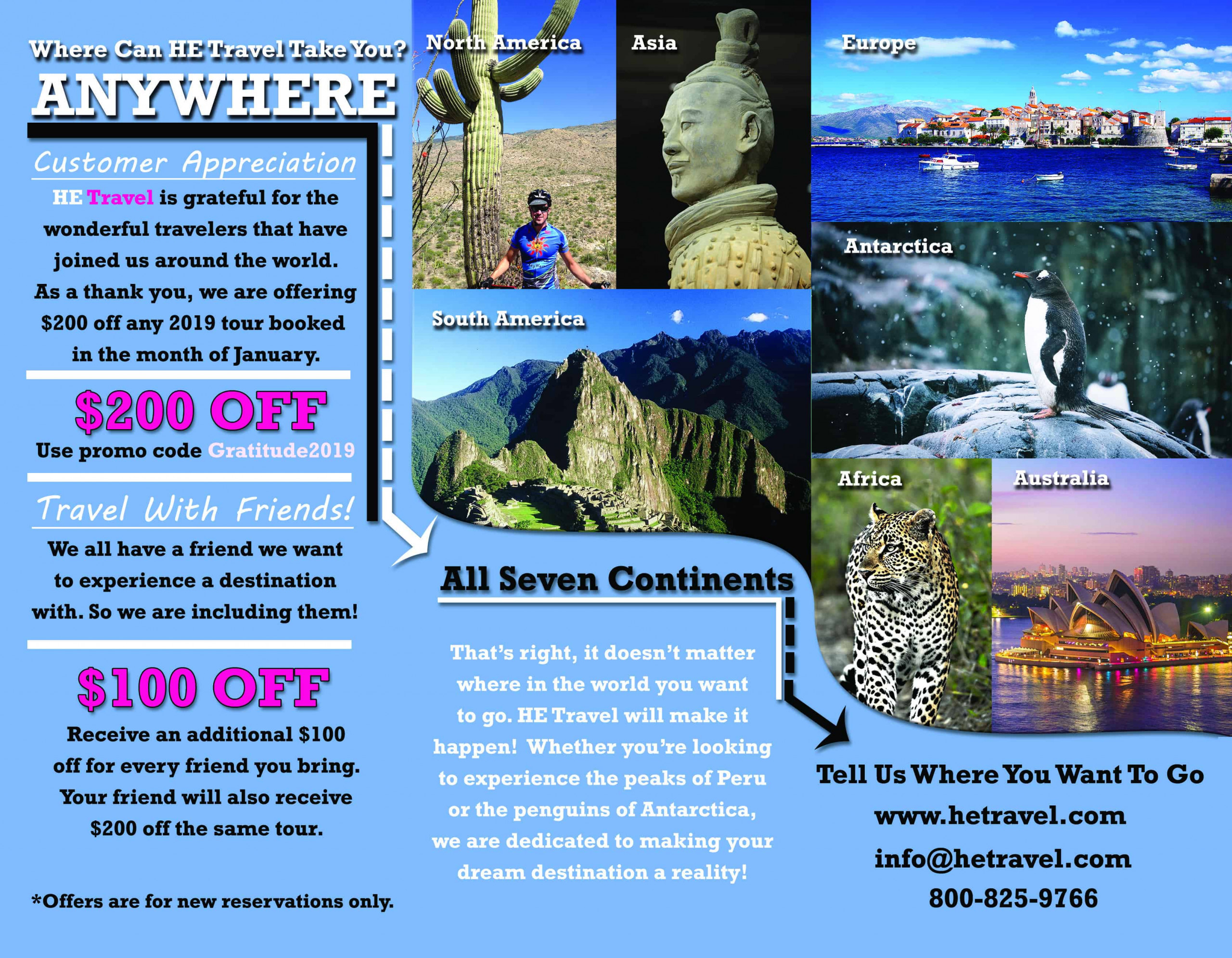 HE Travel's Customer Appreciation Trifold Promoting 300 off for worldwide gay tours and gay travel on all seven continents