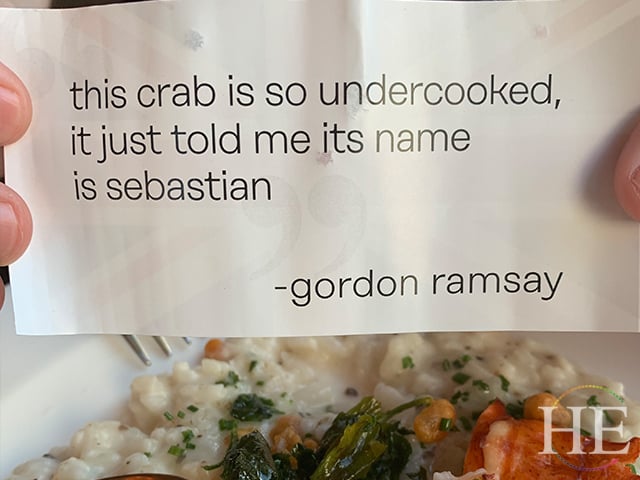a piece of paper featuring a quote from Gordon Ramsay at Hell's Kitchen restaurant