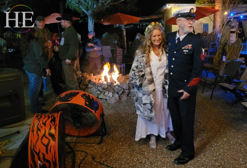 Nancy and Dave at their wedding after party in Cedar Key. Dave is wearing his military uniform, nancy is dressed in white